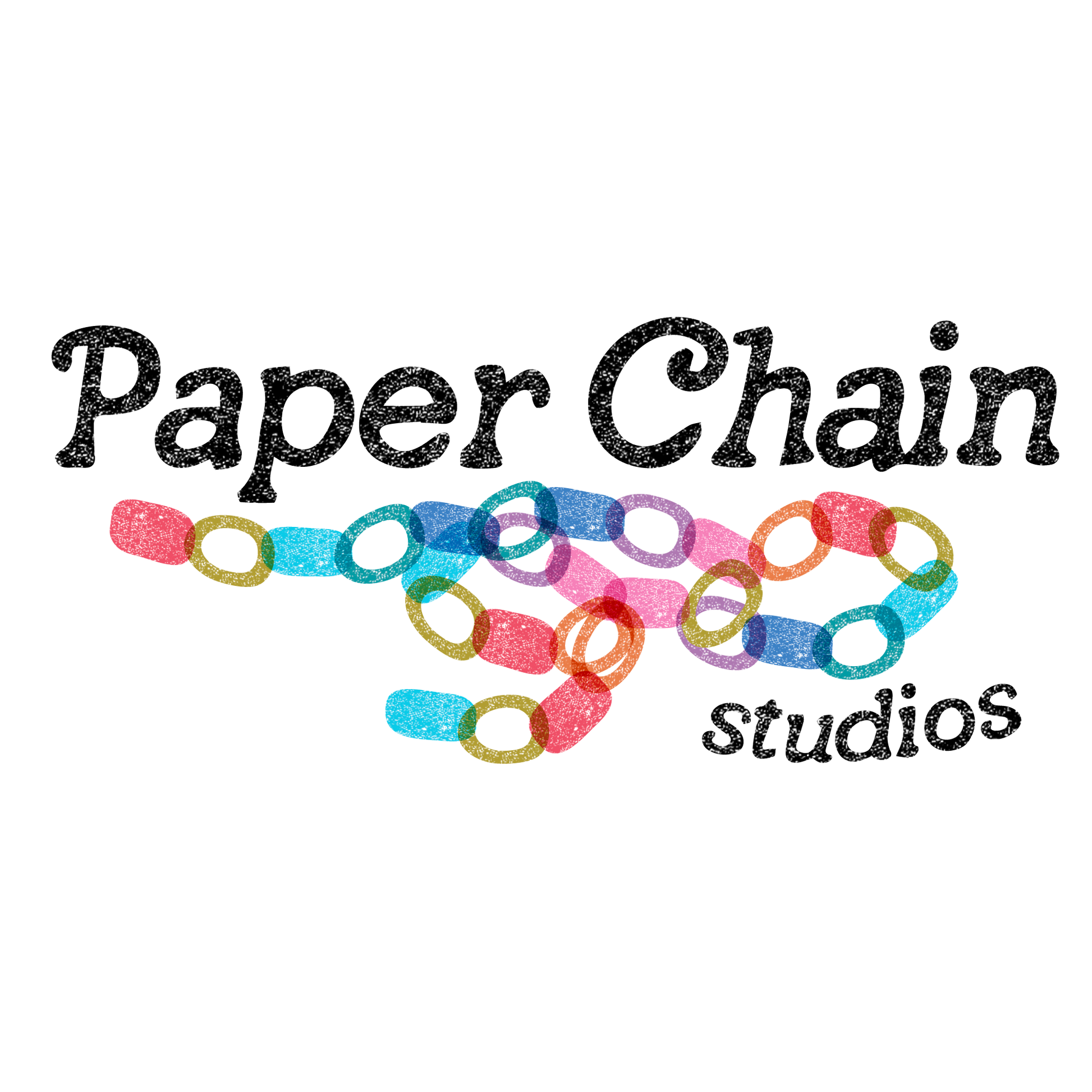 Colorful paper chain design with 'Paper Chain Studios' text on a white background