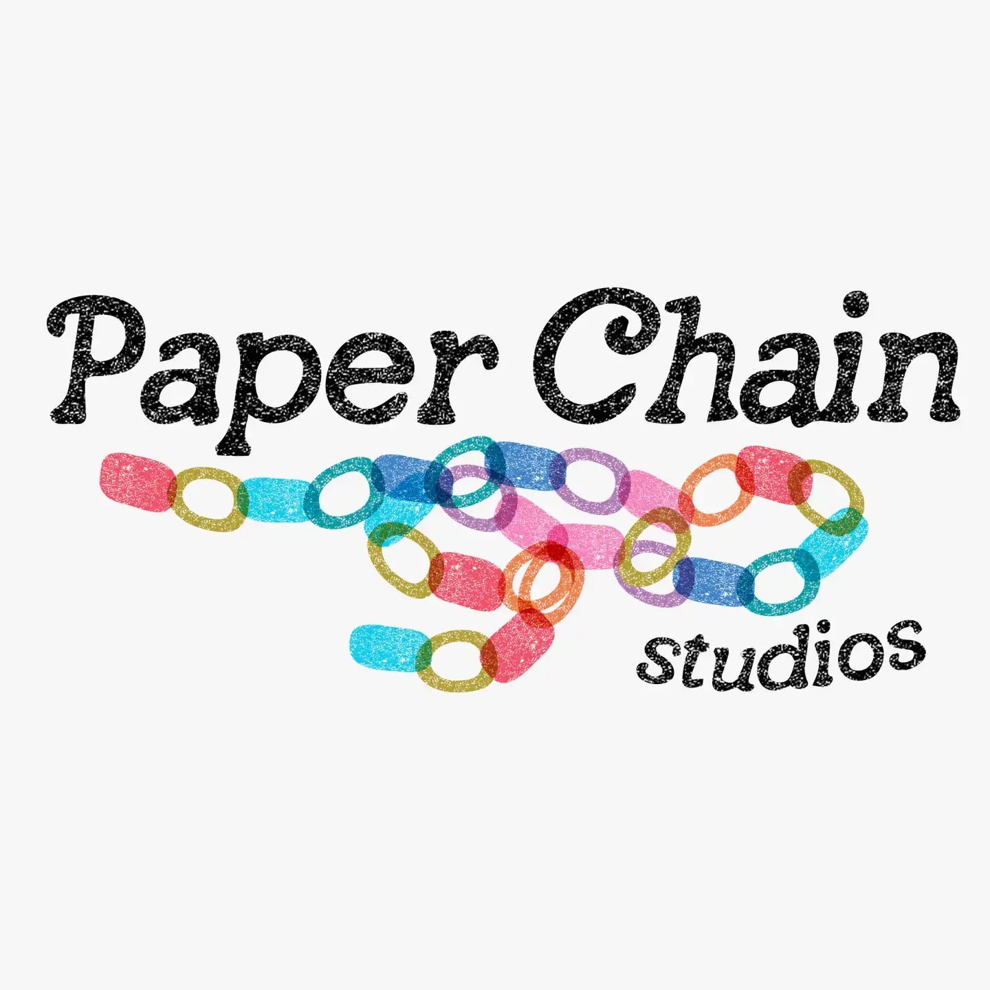 Colorful paper chains with 'Paper Chain Studios' text on a white background