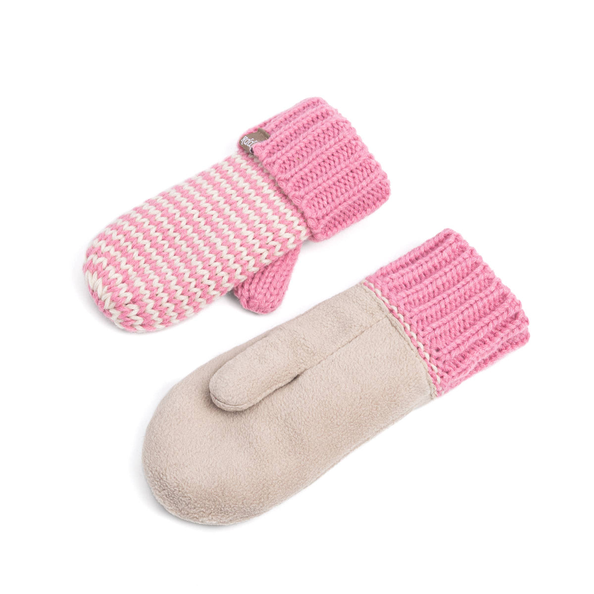 A pair of knit-and-suede winter mittens on a white background. One mitten is pink and cream striped with a pink cuff, and the other is solid beige with a pink cuff.
