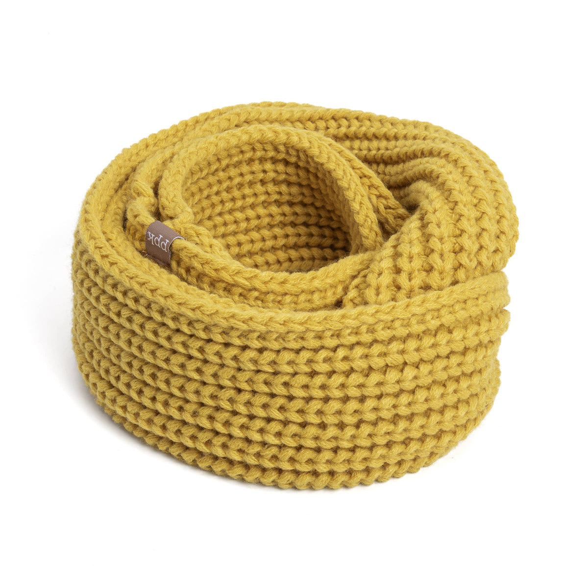 Yellow knitted scarf with a brand tag on a white background
