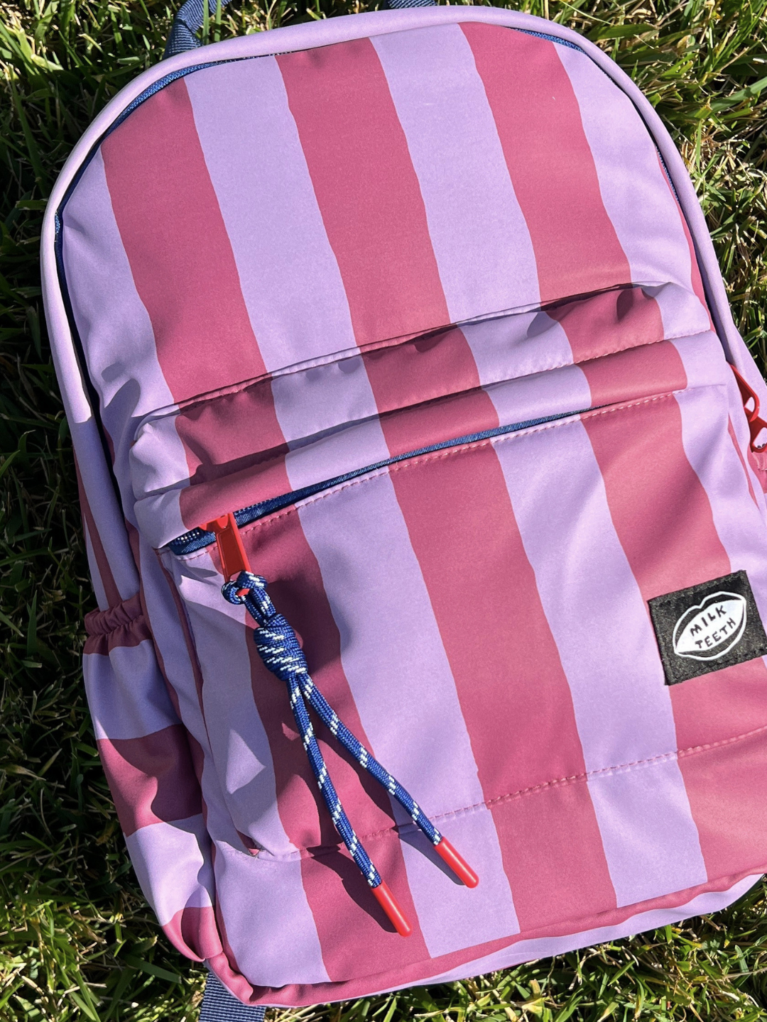 A pink and lavender striped backpack with blue and orange rope zipper pulls, resting on green grass. A black brand patch on the front pocket 