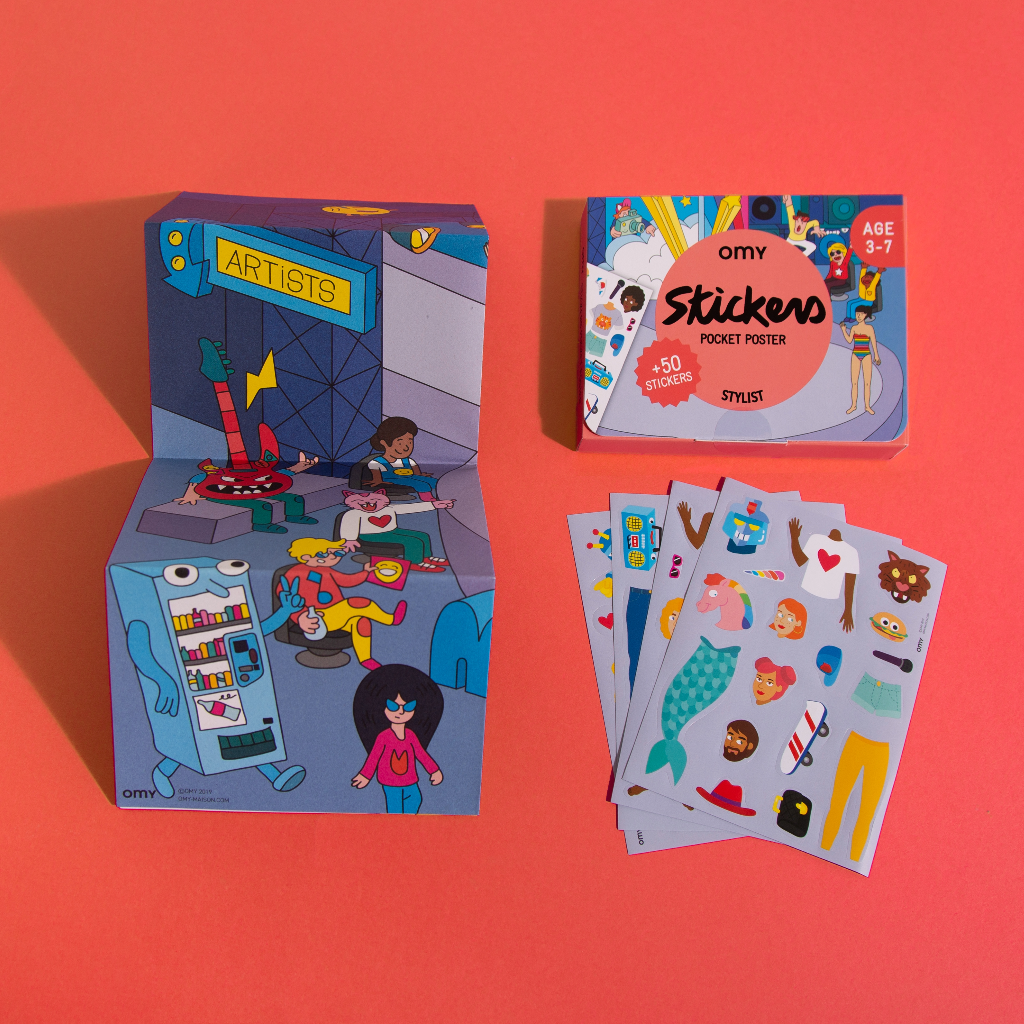 Omy sticker book with open cover and scattered stickers on a red background