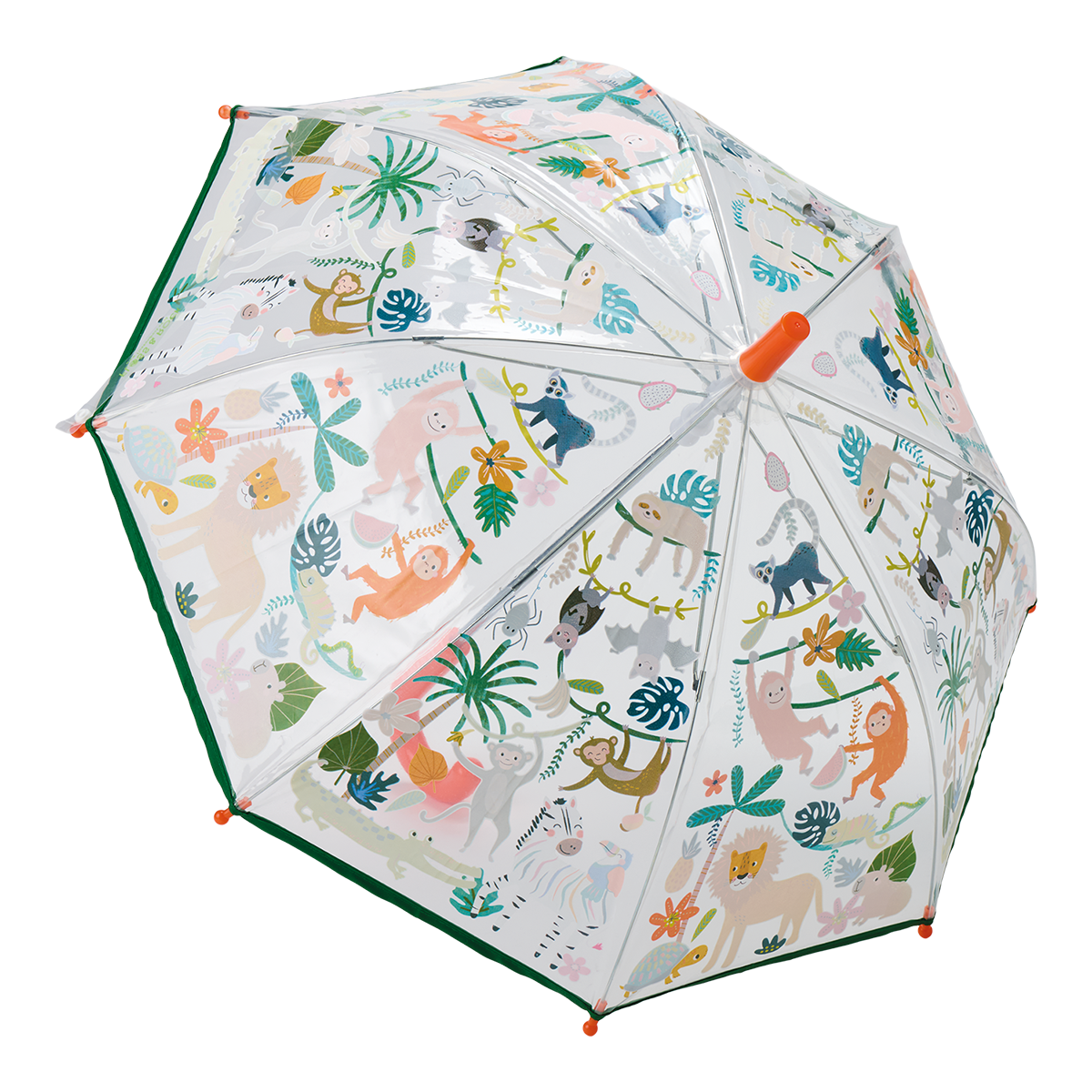 Children's umbrella with colorful animal and plant pattern on a white background