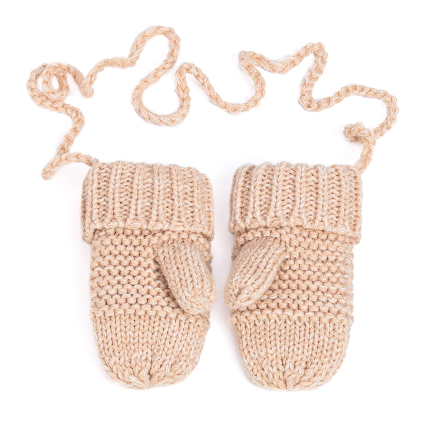 Pair of beige knitted baby mittens with a string on a white background