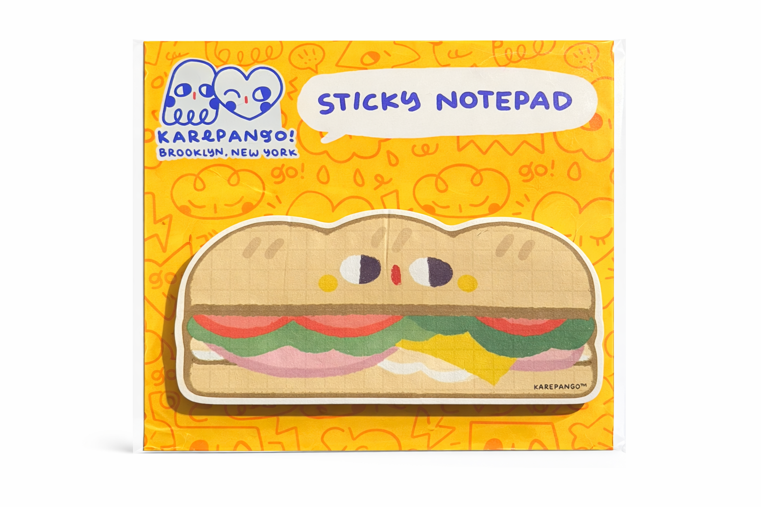 Sticky notepad with sandwich design packaging on a yellow background