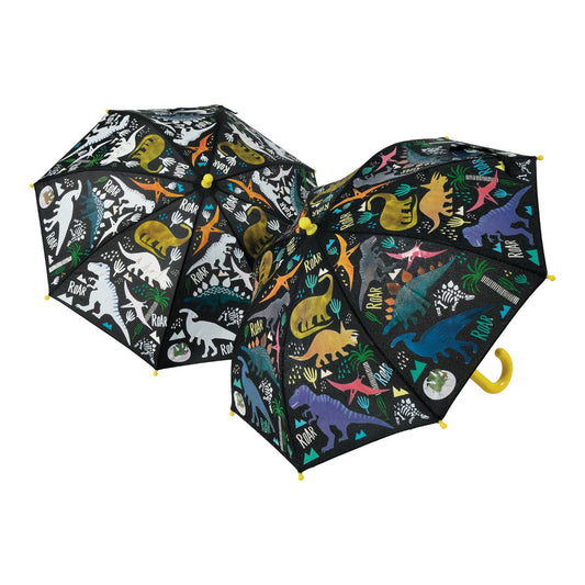 Two dinosaur-themed umbrellas on a white background