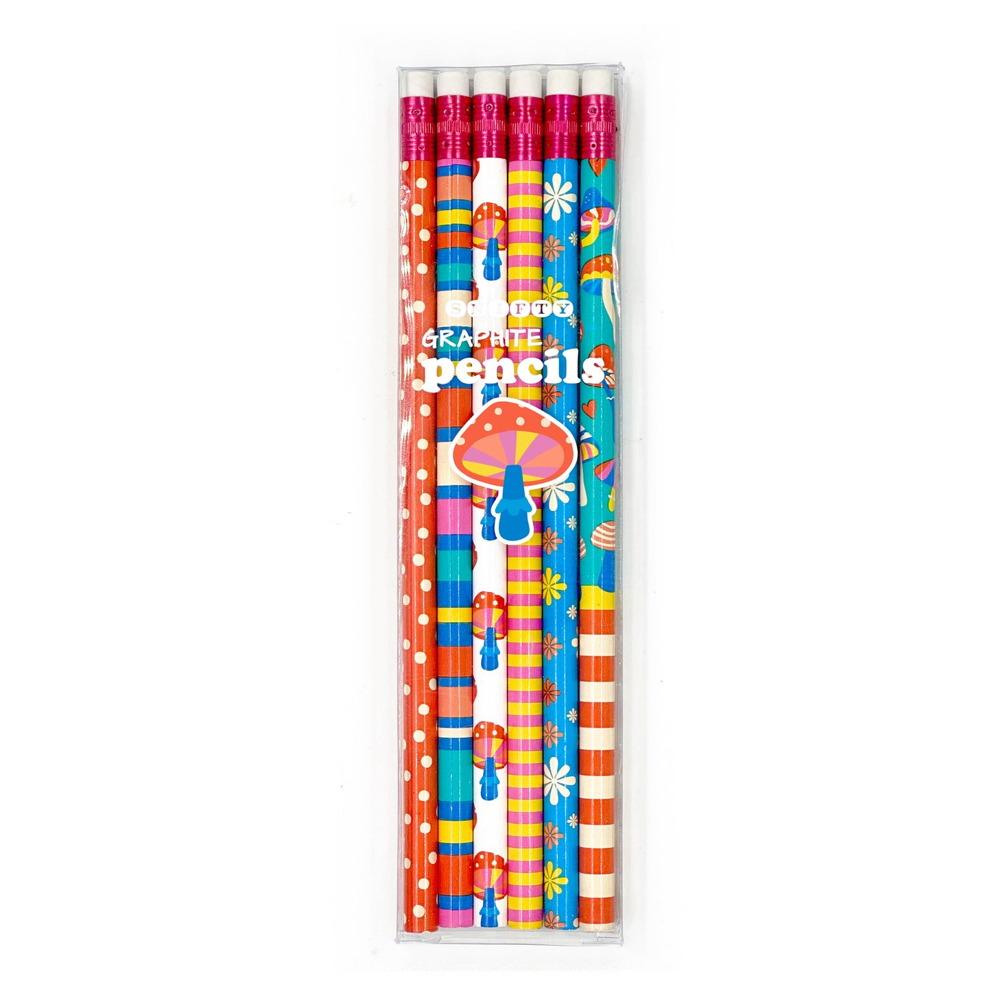 Set of colorful pencils with cartoon character design in a clear plastic packaging on a white background.