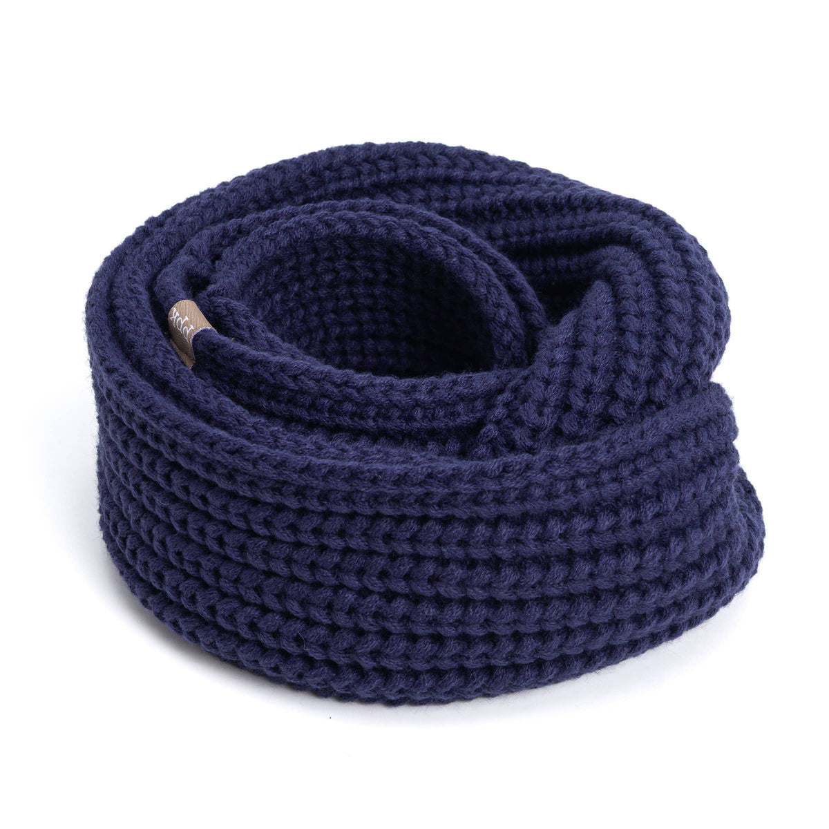 A coiled navy blue scarf photographed on a clean white background.