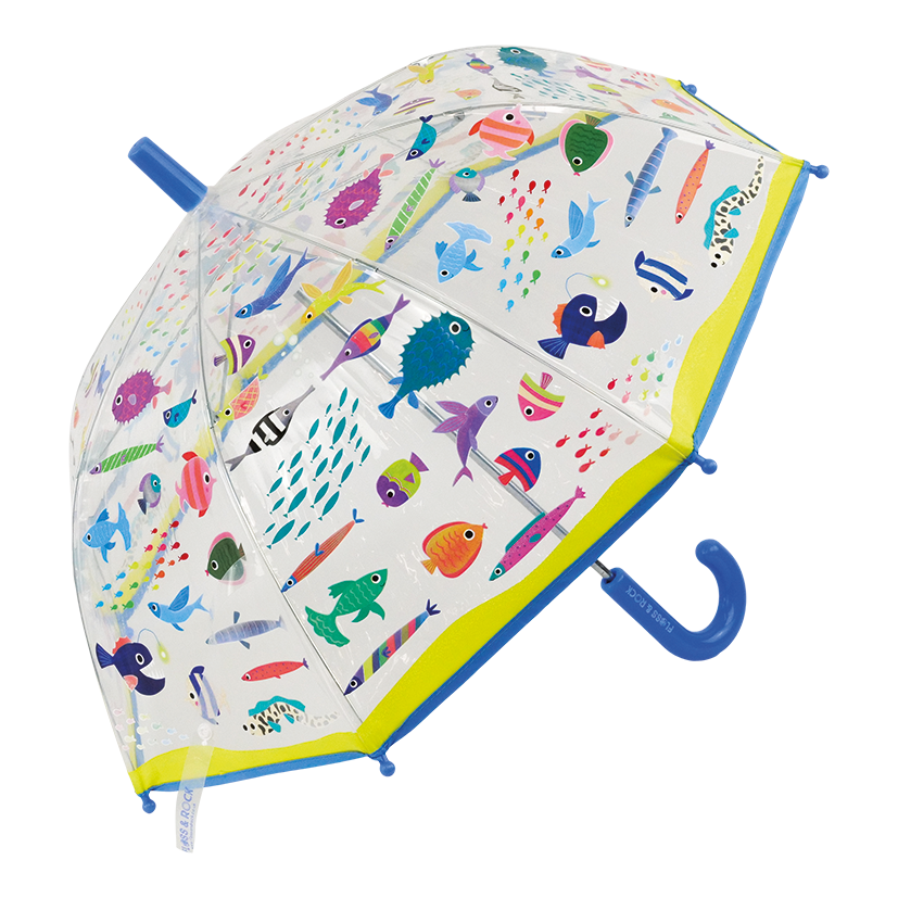 Children's umbrella with colorful fish pattern on a white background