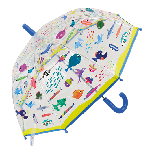 Children's umbrella with colorful fish pattern on a white background