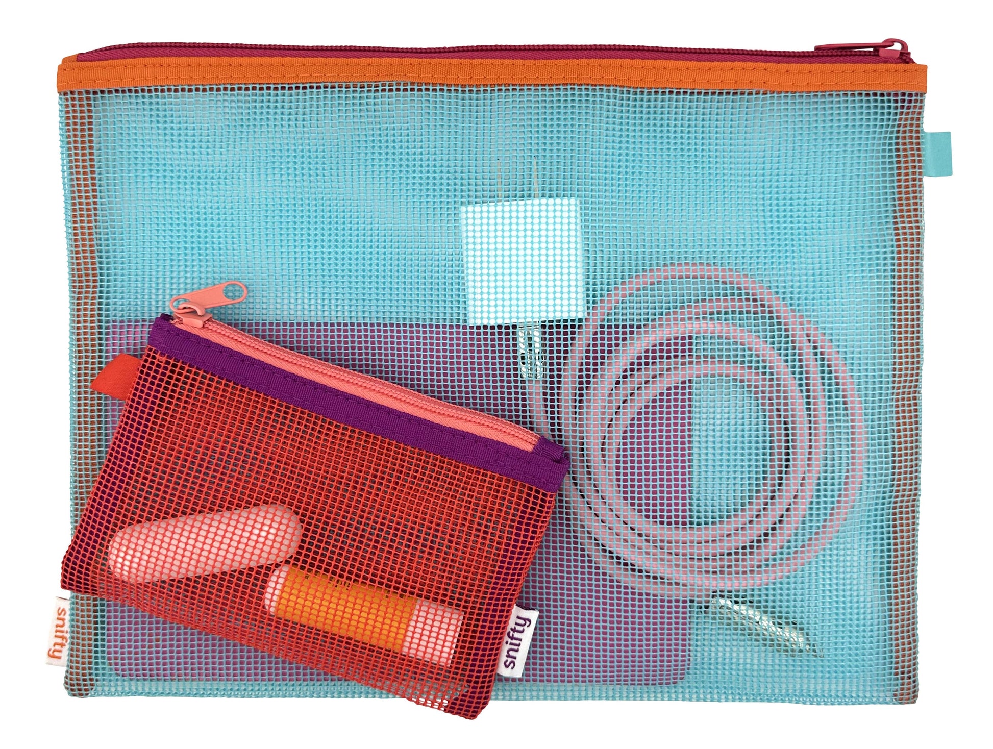 Multicolored mesh pouch with smaller pouch and items on a white background