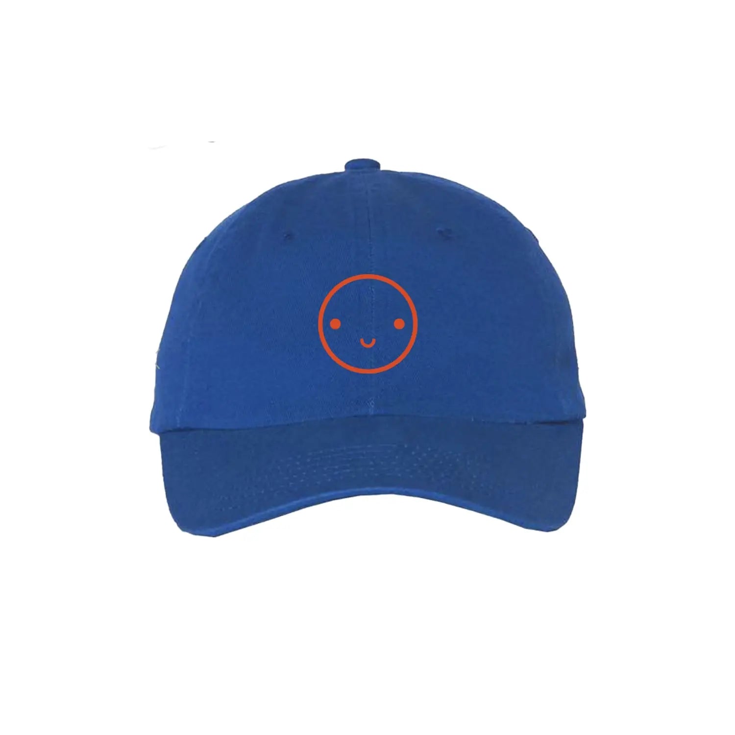 Blue cap with a red smiley face logo on a white background