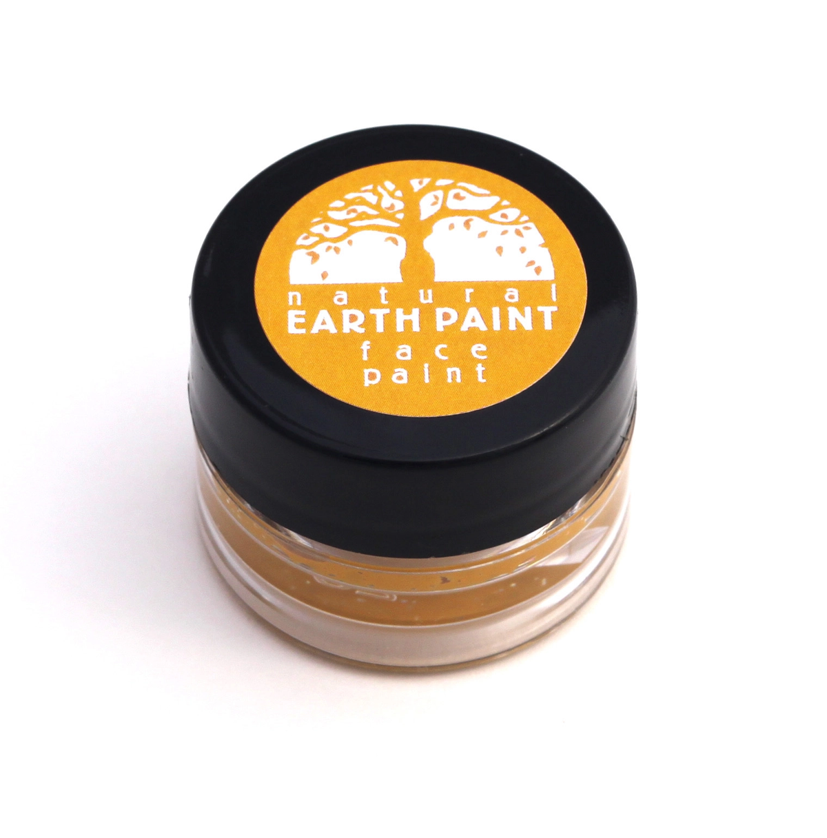 Jar of natural earth paint with a black lid on a white background