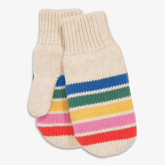 A pair of cream-colored knit mittens with colorful horizontal stripes on the backs. The stripes include blue, green, yellow, pink, and red, set against a clean white background.