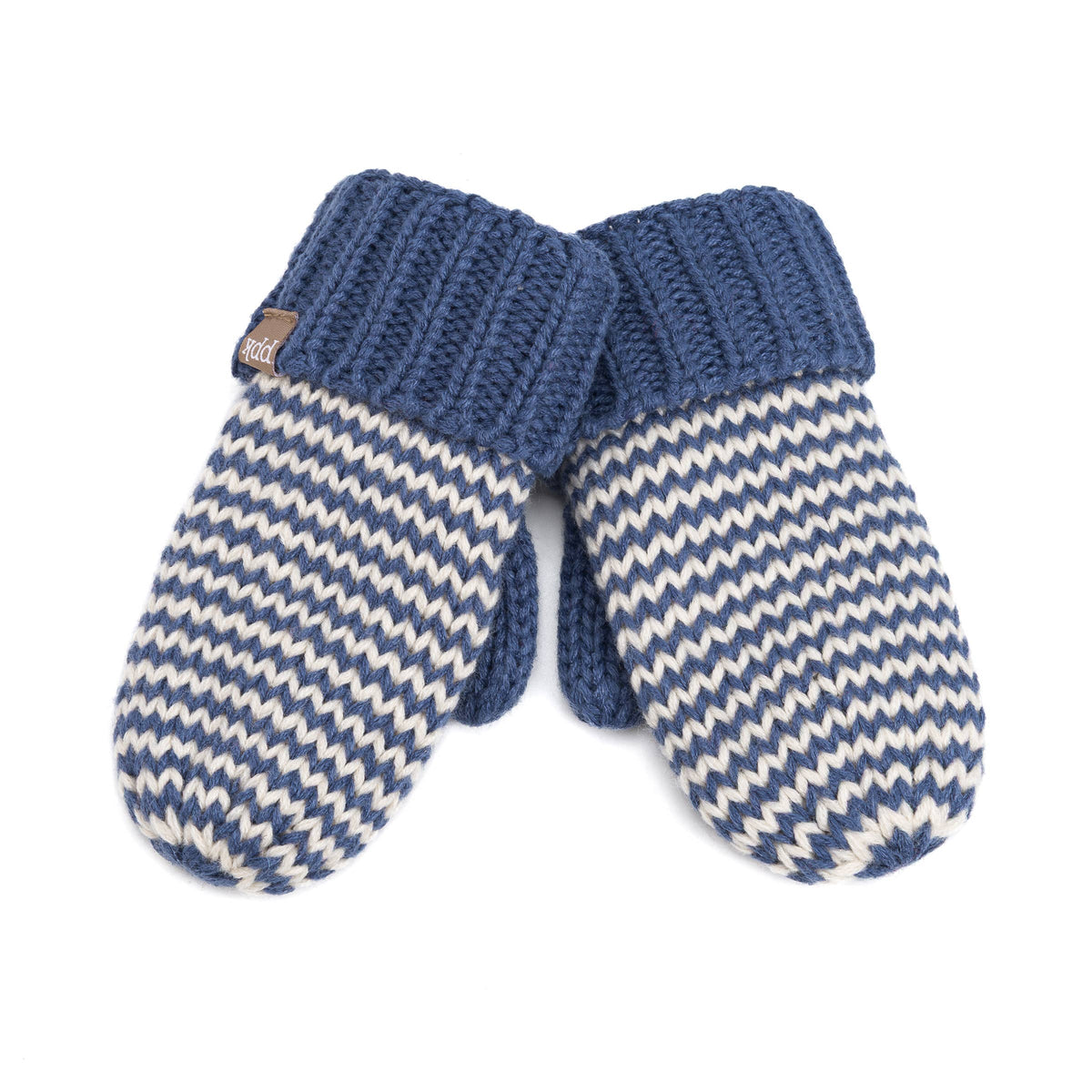 A pair of knit mittens with a blue and off-white chevron pattern, featuring solid blue ribbed cuffs. A small brown brand tag is visible on the left mitten cuff.