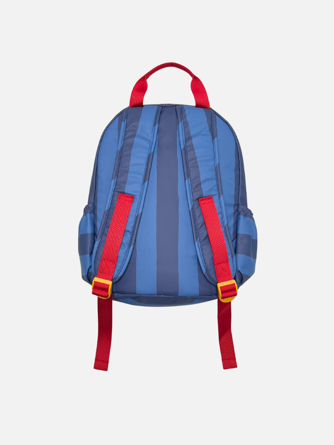 A blue and navy striped backpack shown from the back, featuring red straps and yellow plastic buckles, set against a plain light gray background.