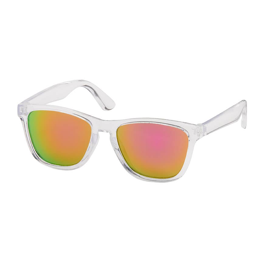 Clear frame sunglasses with multicolored lenses on a white background