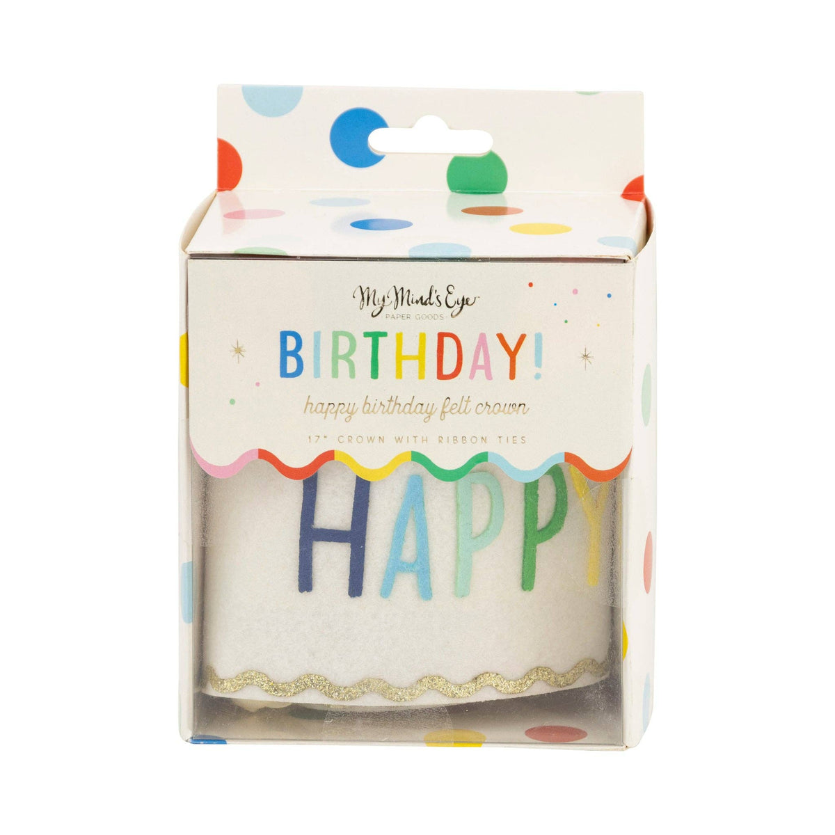 Packaged birthday-themed product with colorful text and confetti design on a white background