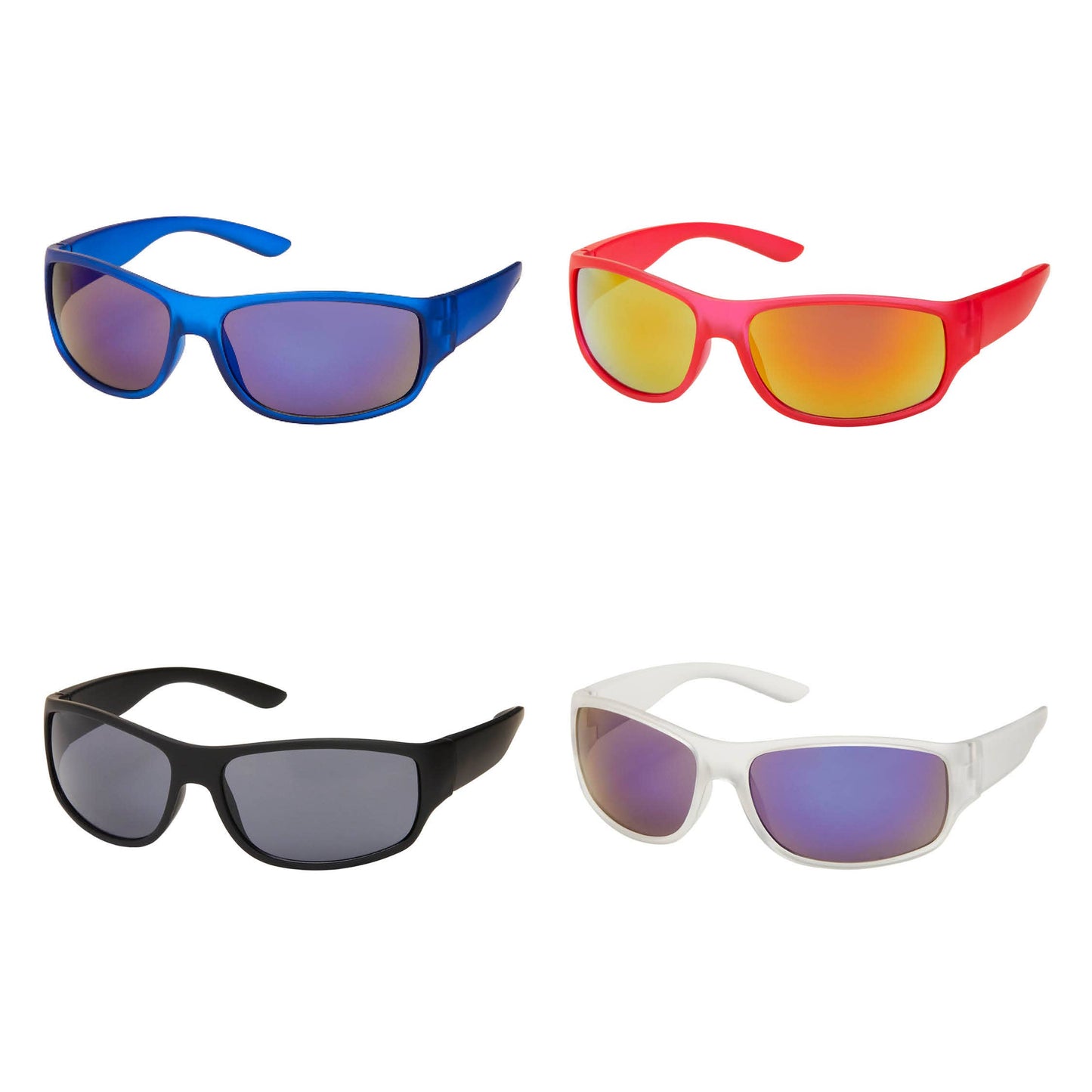 Four pairs of sunglasses in blue, red, black, and white on a white background