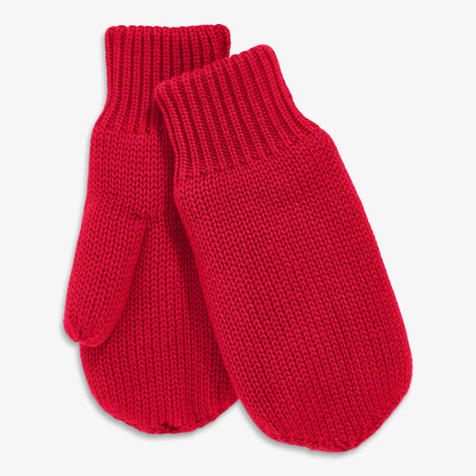 A pair of bright red knit mittens with ribbed cuffs, shown against a plain light gray background.