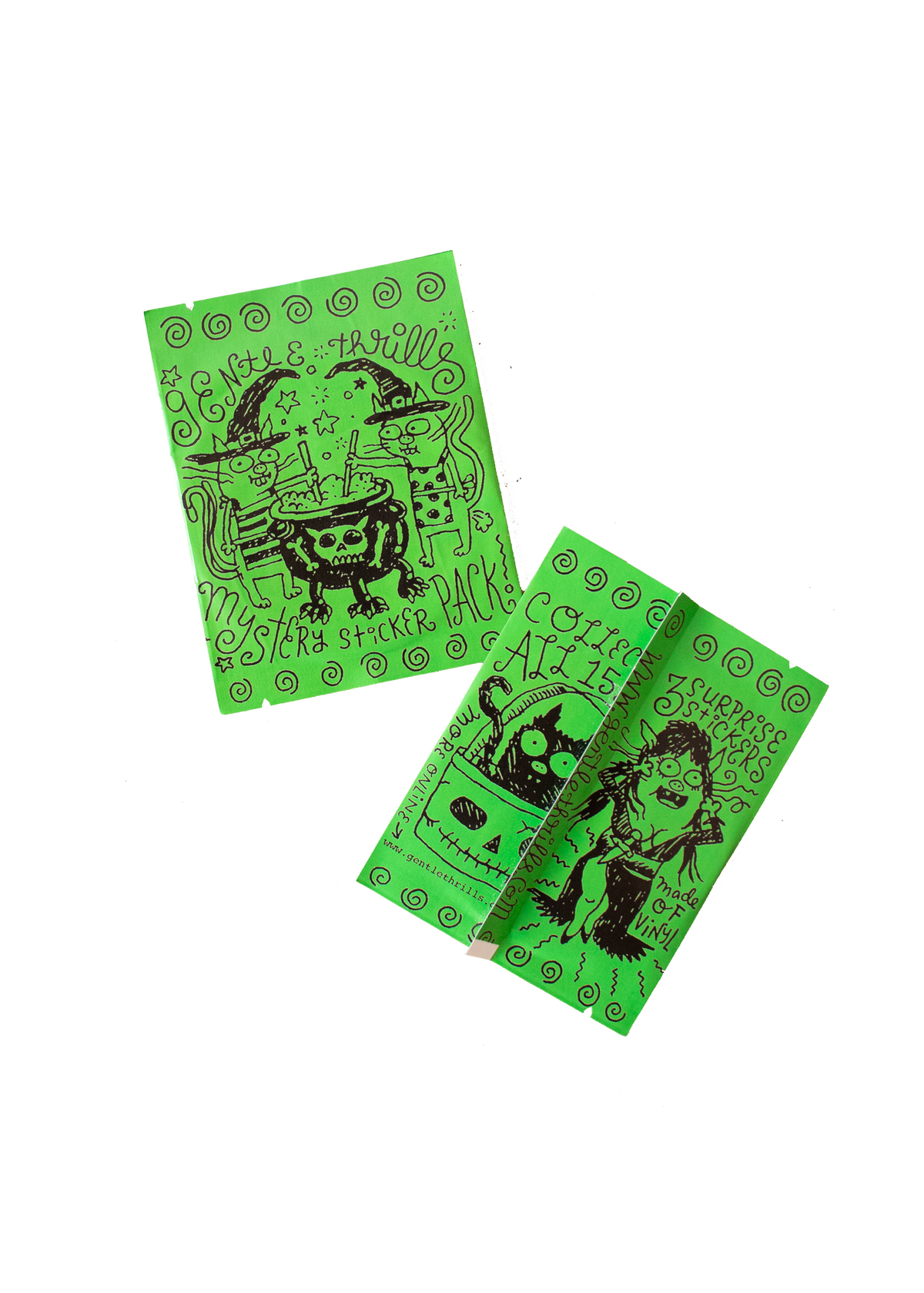 Two bright green Halloween-themed packaging with black hand-drawn illustrations of a witch, cauldron, pumpkin, and the words 'Happy Halloween' on a white background.