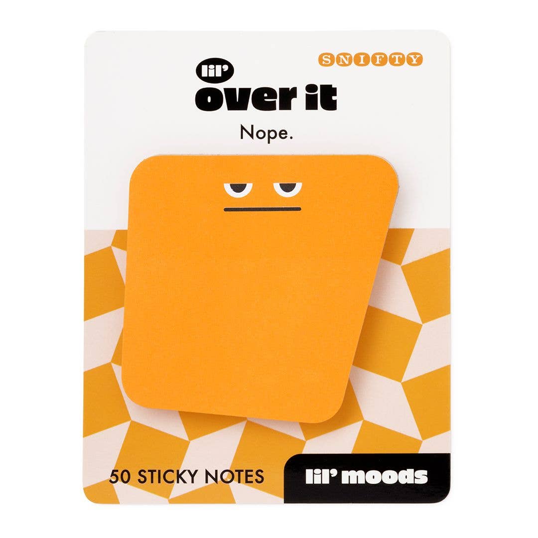 A package of Snify 'over it' sticky notes by lil' moods. The product consists of 50 orange square sticky notes with a simple sad face printed on them, presented on a white backing card with a yellow and white geometric pattern.