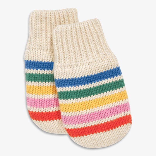 A pair of cream-colored knit baby mittens with horizontal rainbow stripes in blue, green, yellow, pink, and red, shown on a light gray background.
