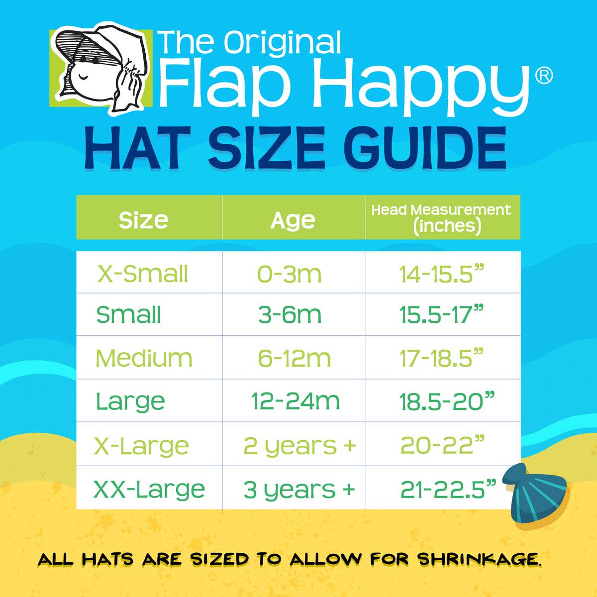 Flap Happy hat size guide with a blue and yellow background
