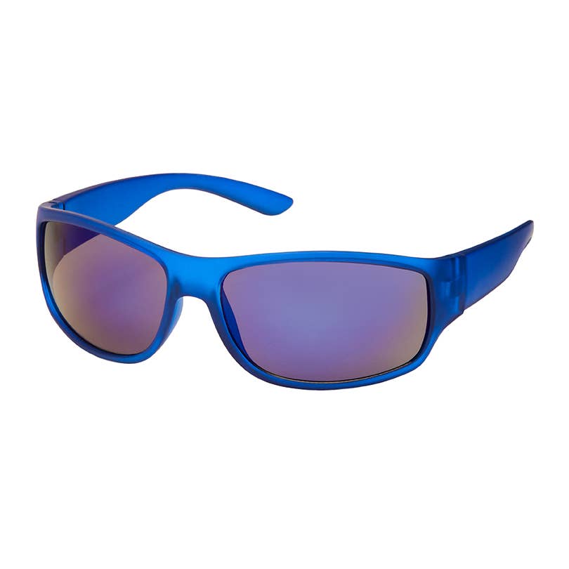 Blue sunglasses with purple-tinted lenses on a white background