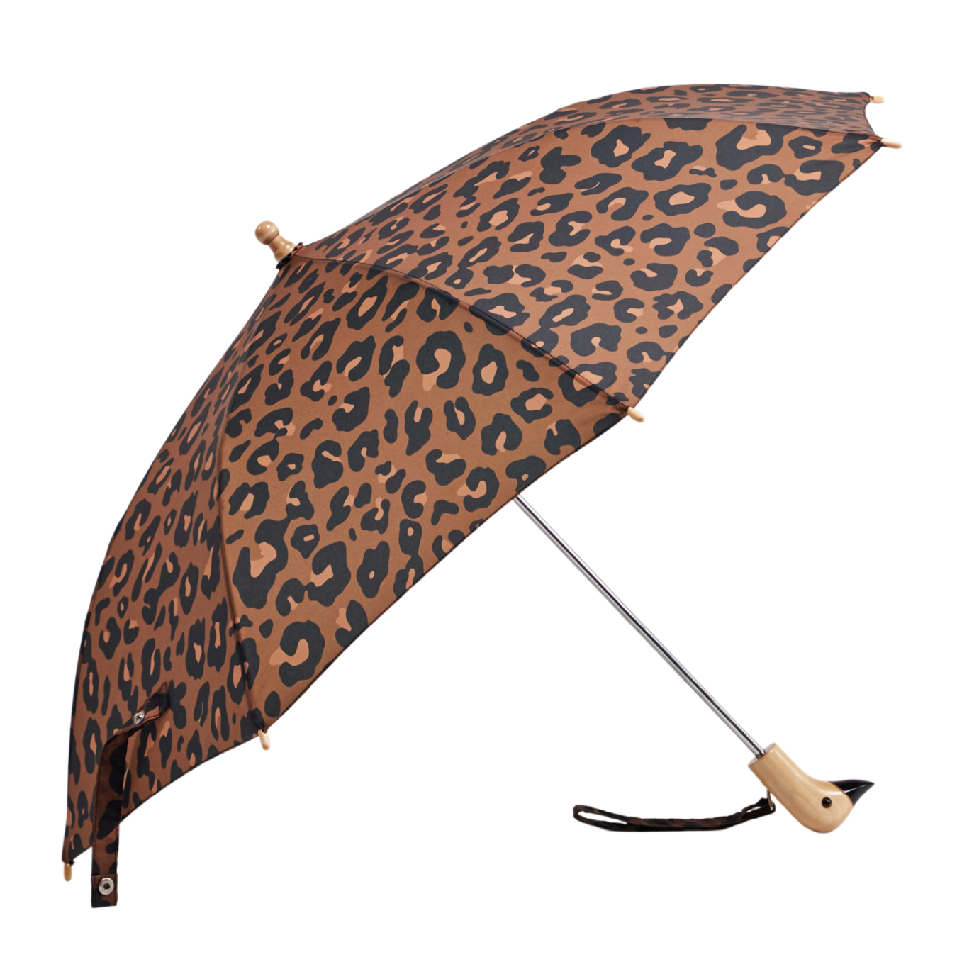 Leopard print umbrella with wooden handle on a white background