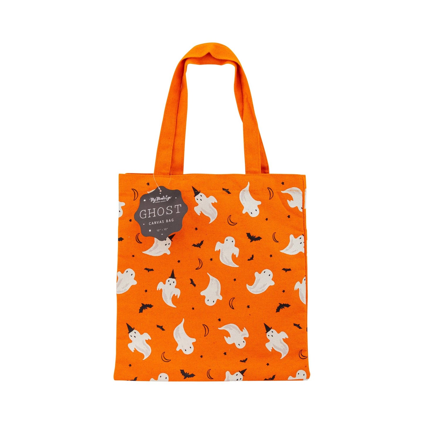 Orange tote bag with ghost pattern on a white background