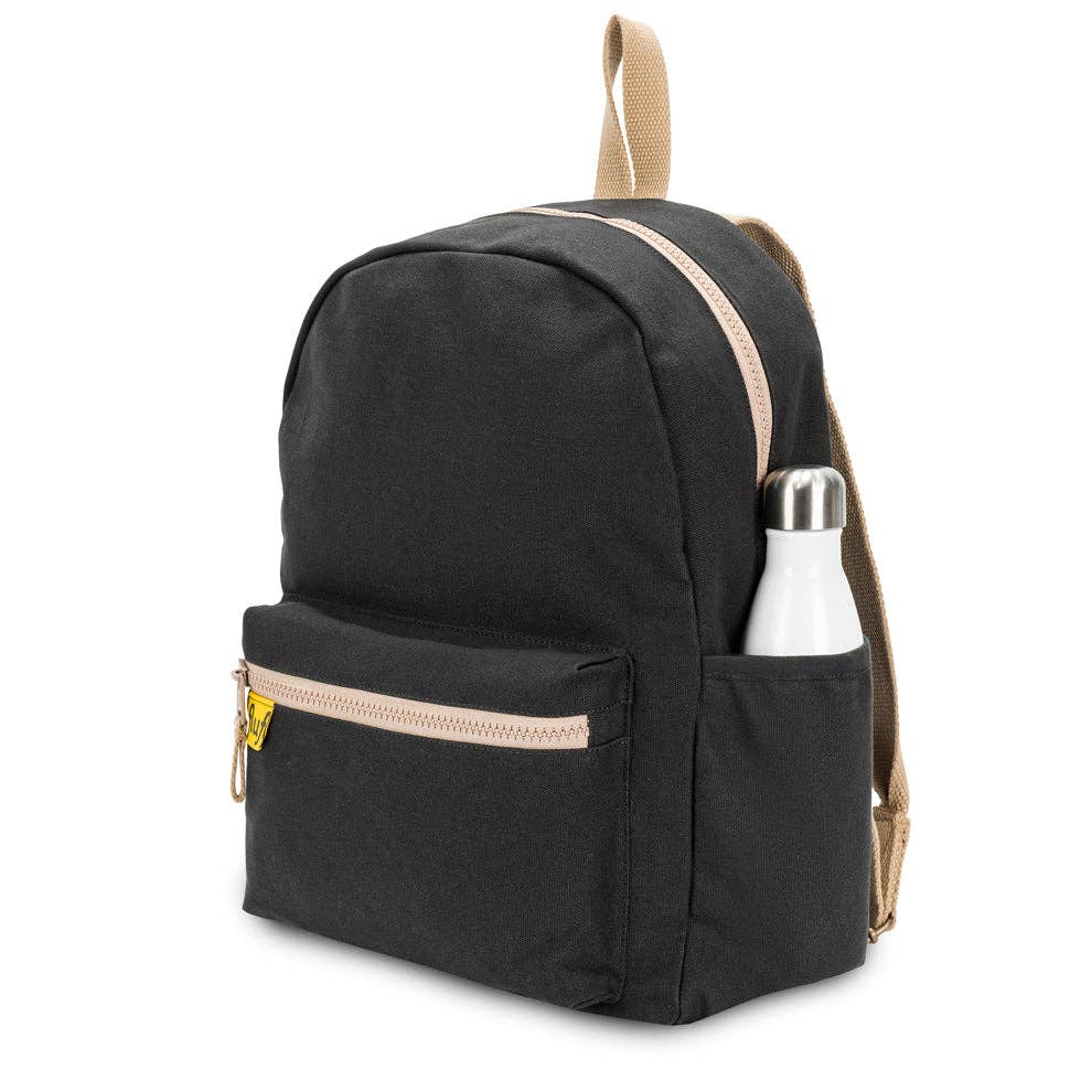 Black backpack with beige accents on a white background