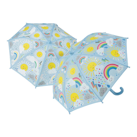 Two children's umbrellas with sunny design on a white background