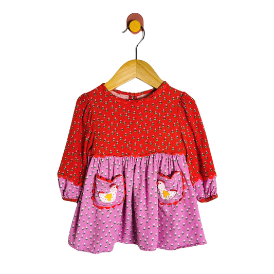 Red and pink dress with chicken design on a hanger against a white background