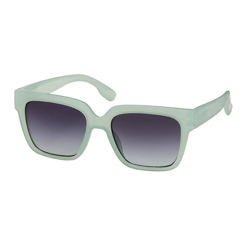 Sunglasses with light green frame and dark lenses on a white background