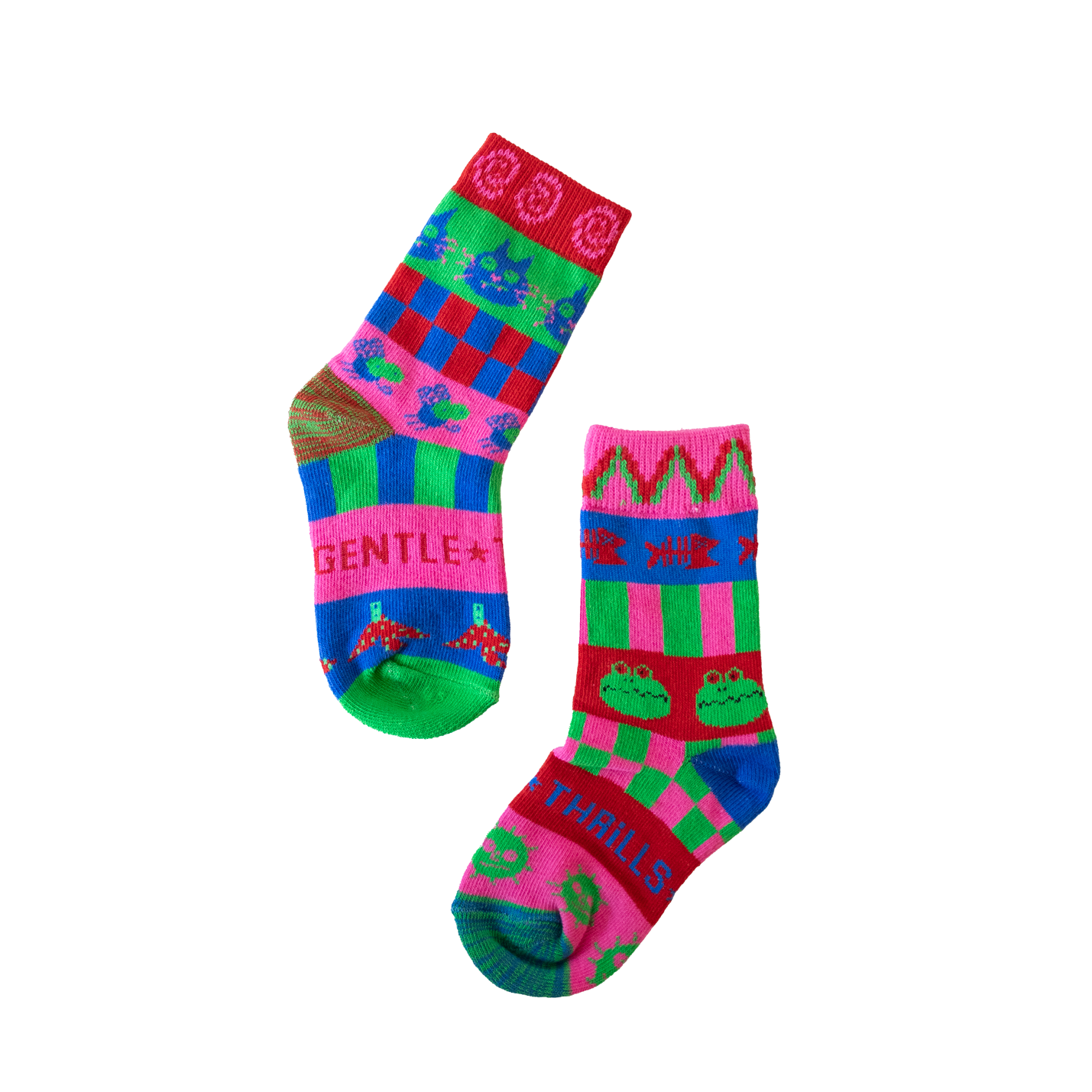 Colorful children's socks with patterns on a white background