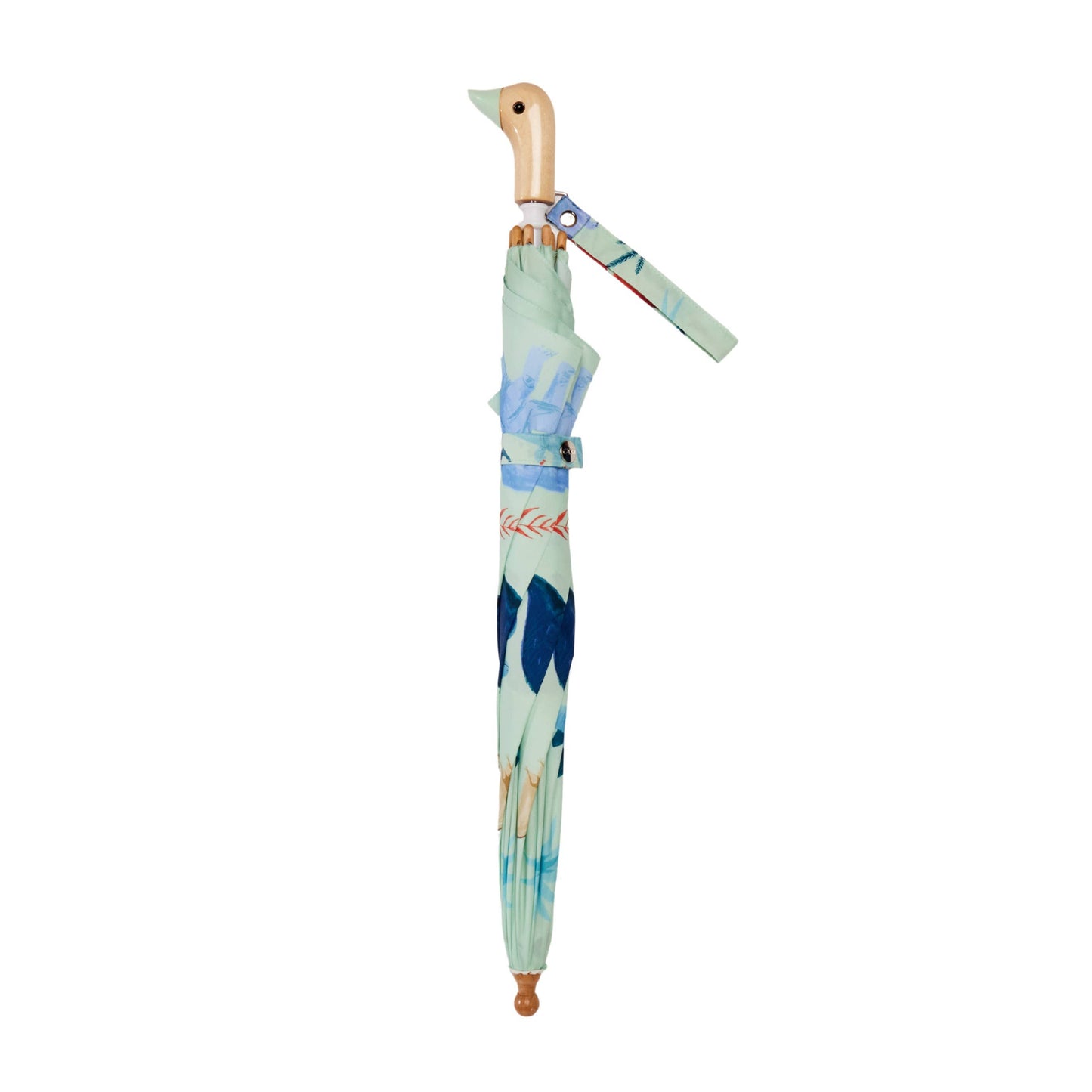 Light blue umbrella with floral pattern and wooden handle on a white background