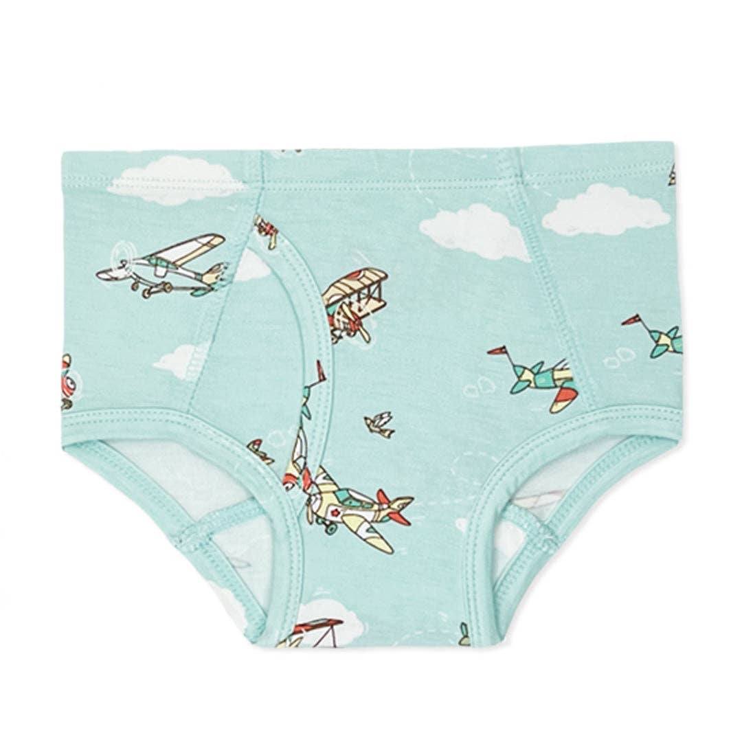 Children's underwear with airplane pattern on a light blue background