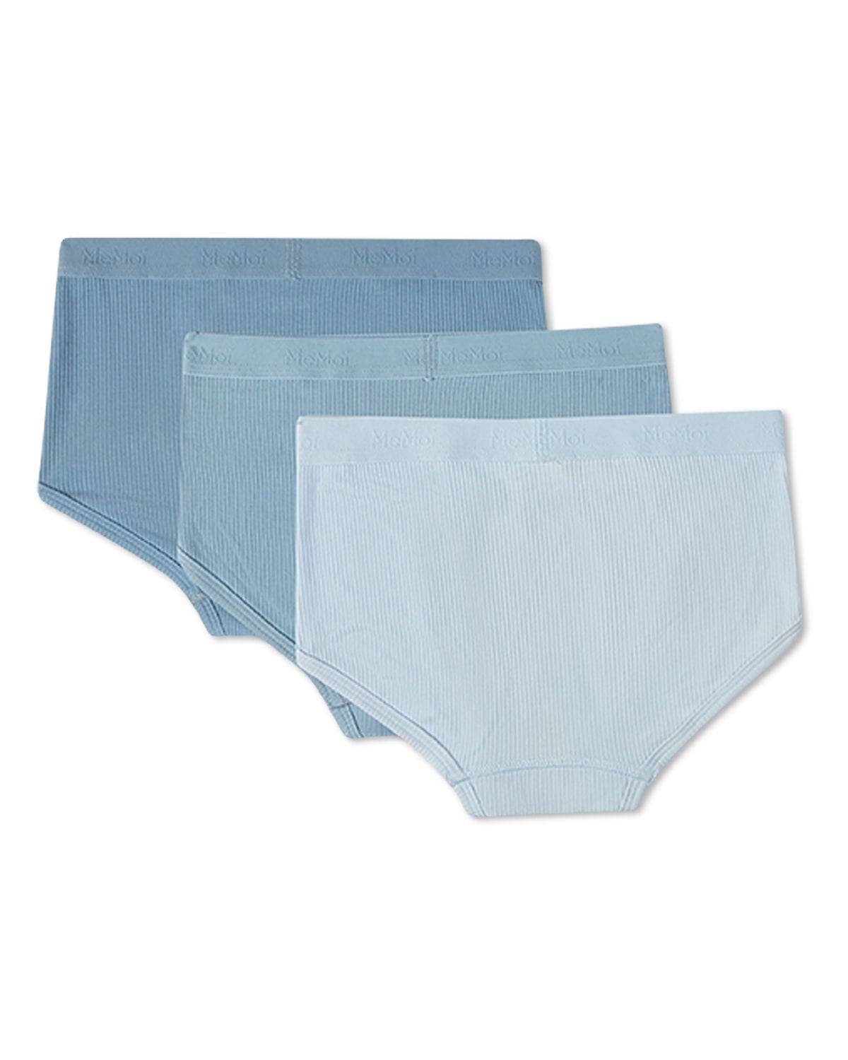 Three pairs of light blue underwear on a white background