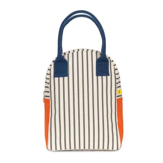 Striped bag with blue handles and orange accents on a white background