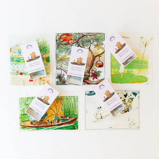 Set of illustrated play silks with various scenes and characters on a white background