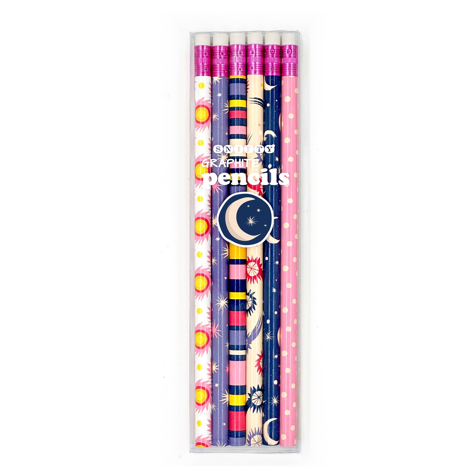 Set of colorful pencils in a clear packaging on a white background