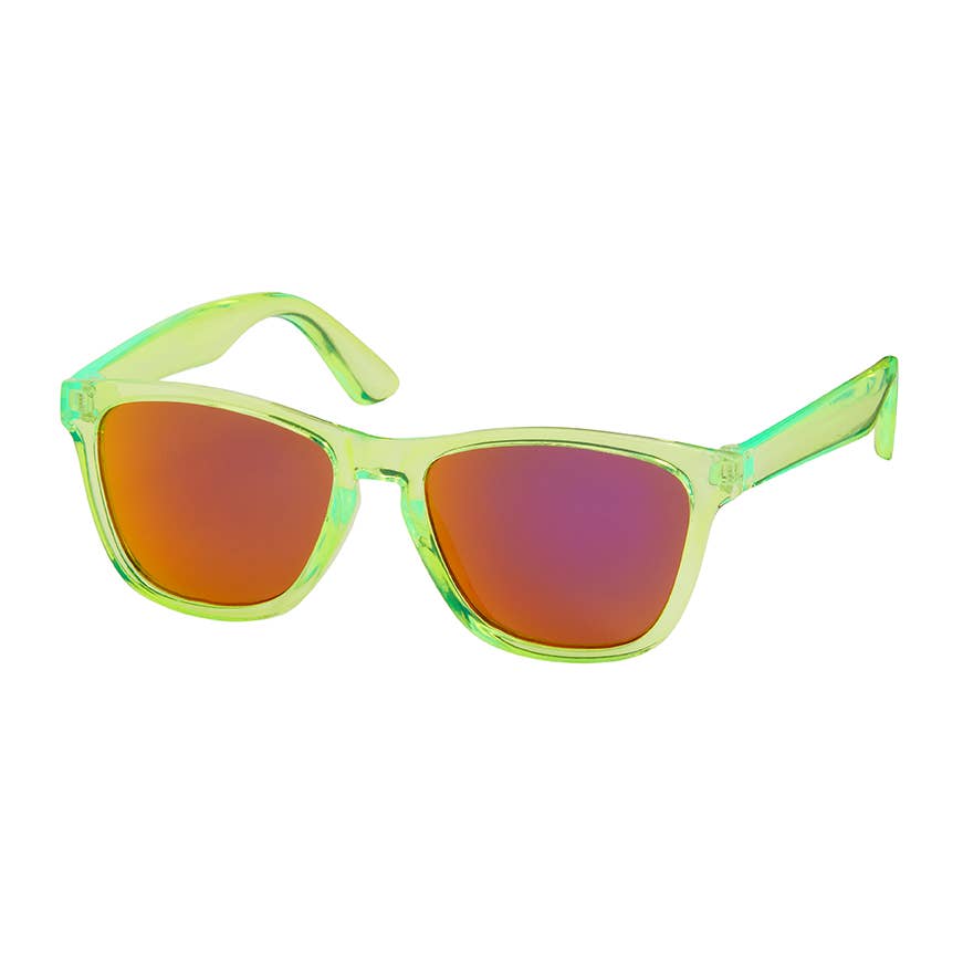 Sunglasses with green frame and red lenses on a white background