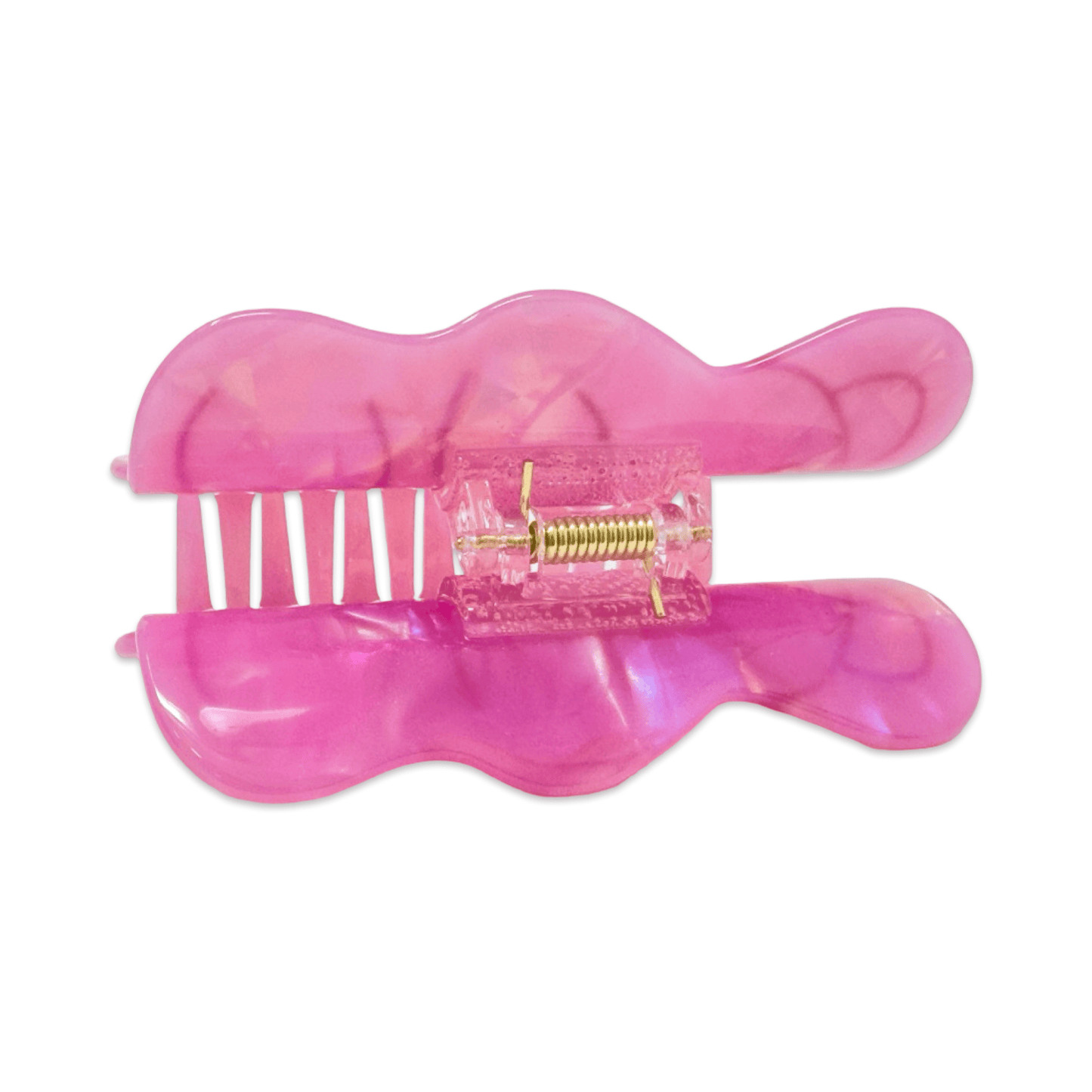 Pink hair clip with a clear center on a white background
