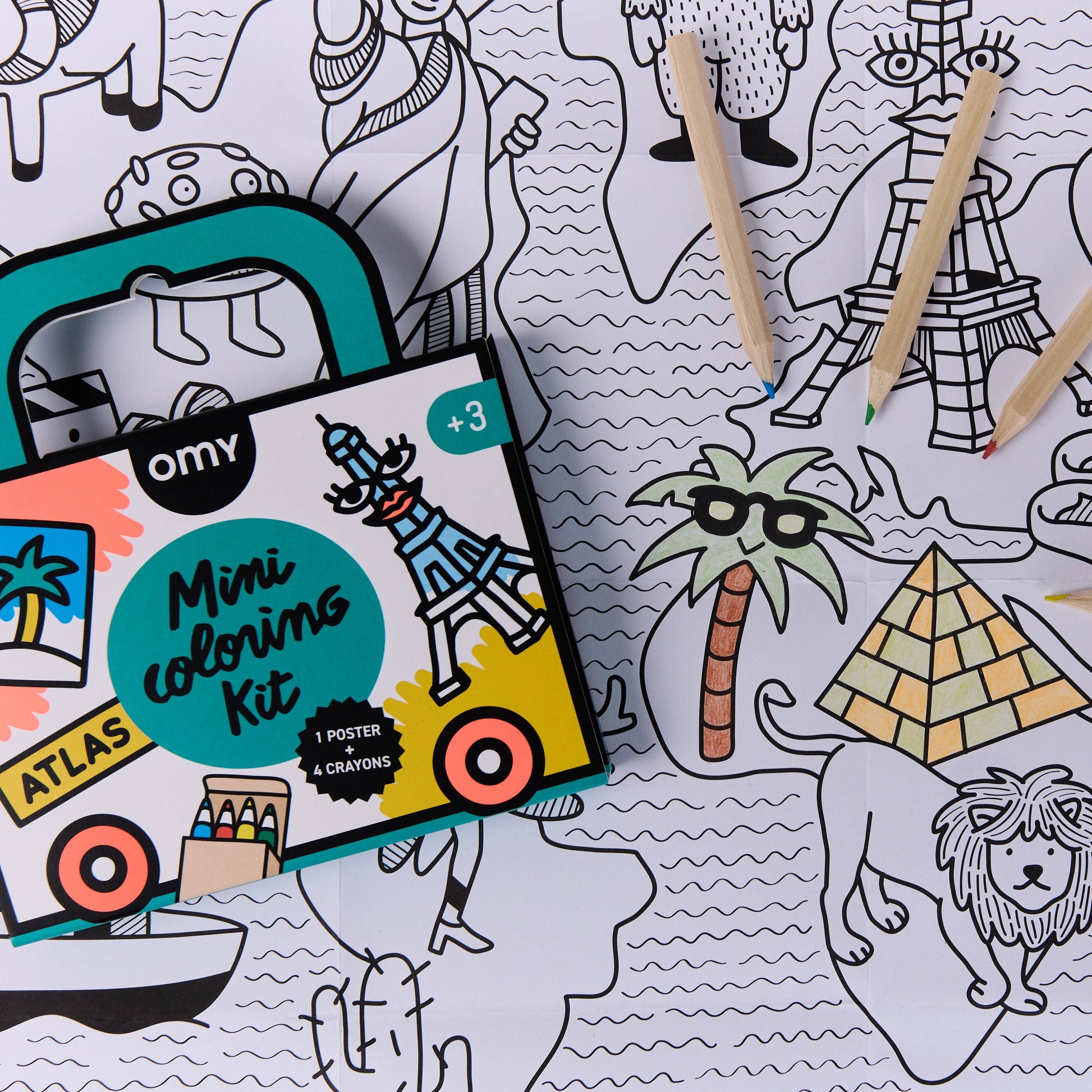 Coloring kit with crayons on a coloring book page featuring animals and landmarks.
