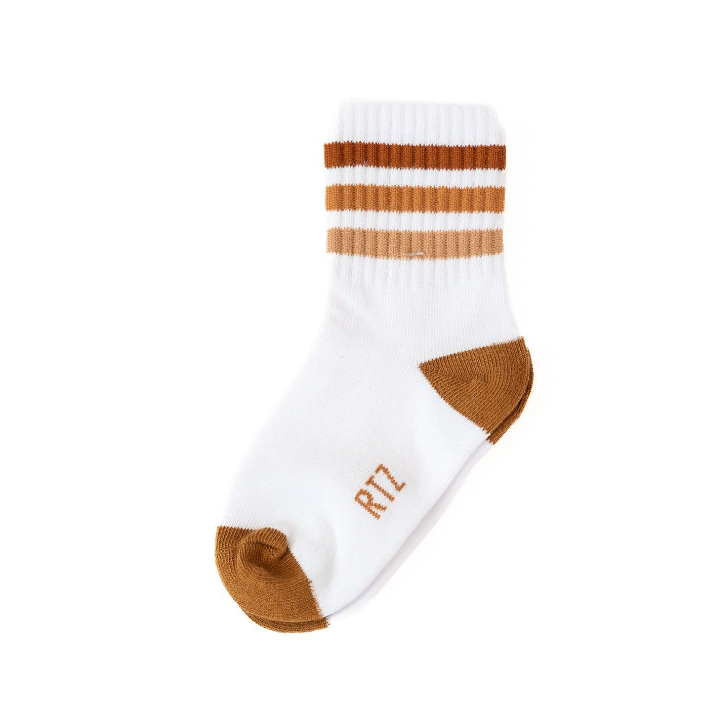 White sock with brown stripes and sole on a white background
