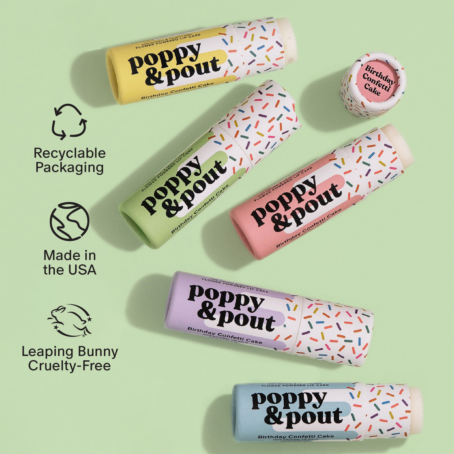 Poppy & Pout product packaging on a light green background with icons indicating recyclable packaging, made in the USA, and cruelty-free.