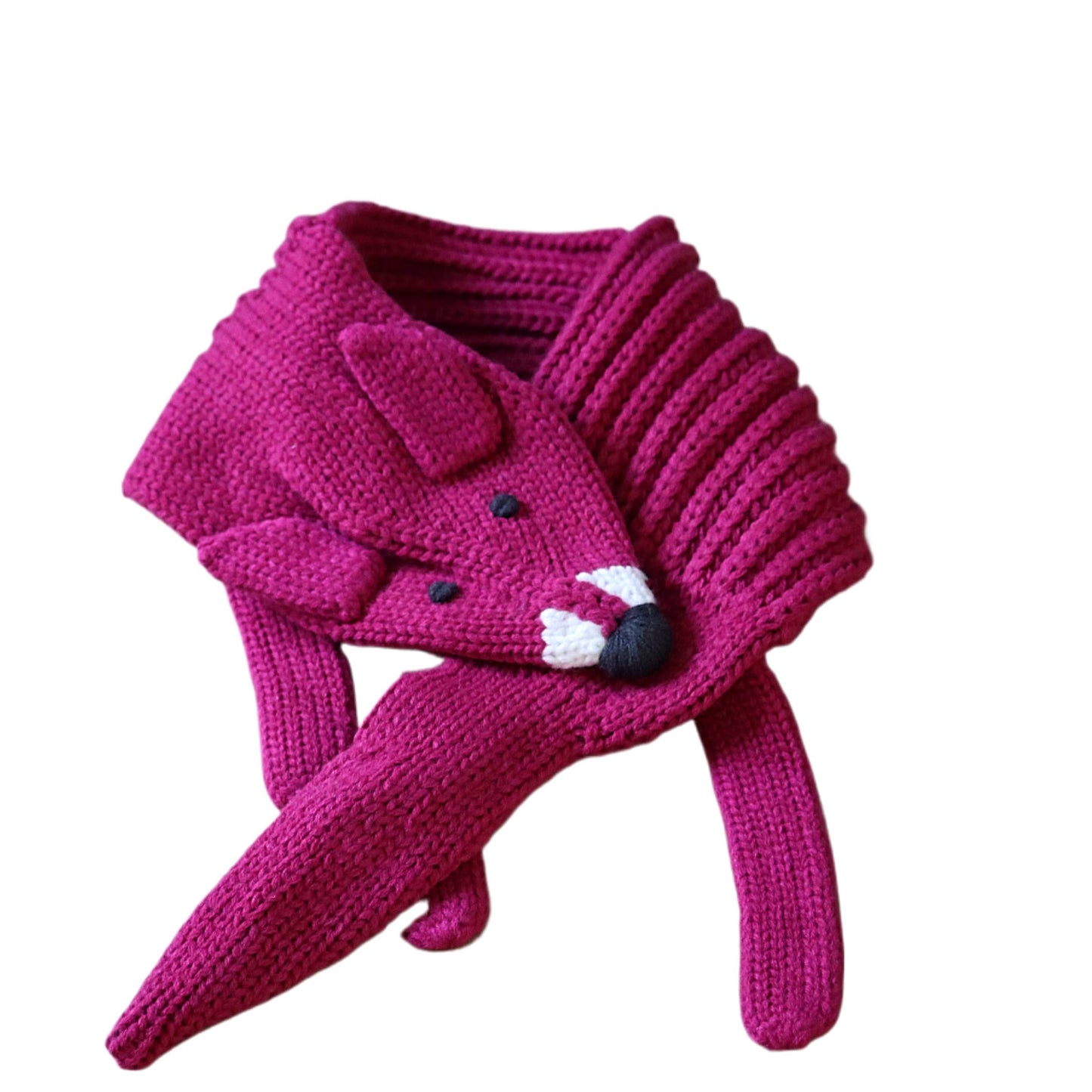 Pink knitted scarf with fox design on a white background