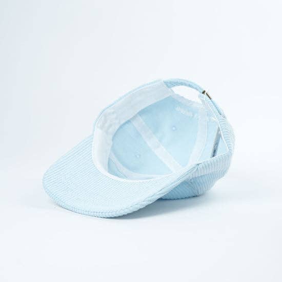 Light blue baseball cap with mesh back on a light gray background