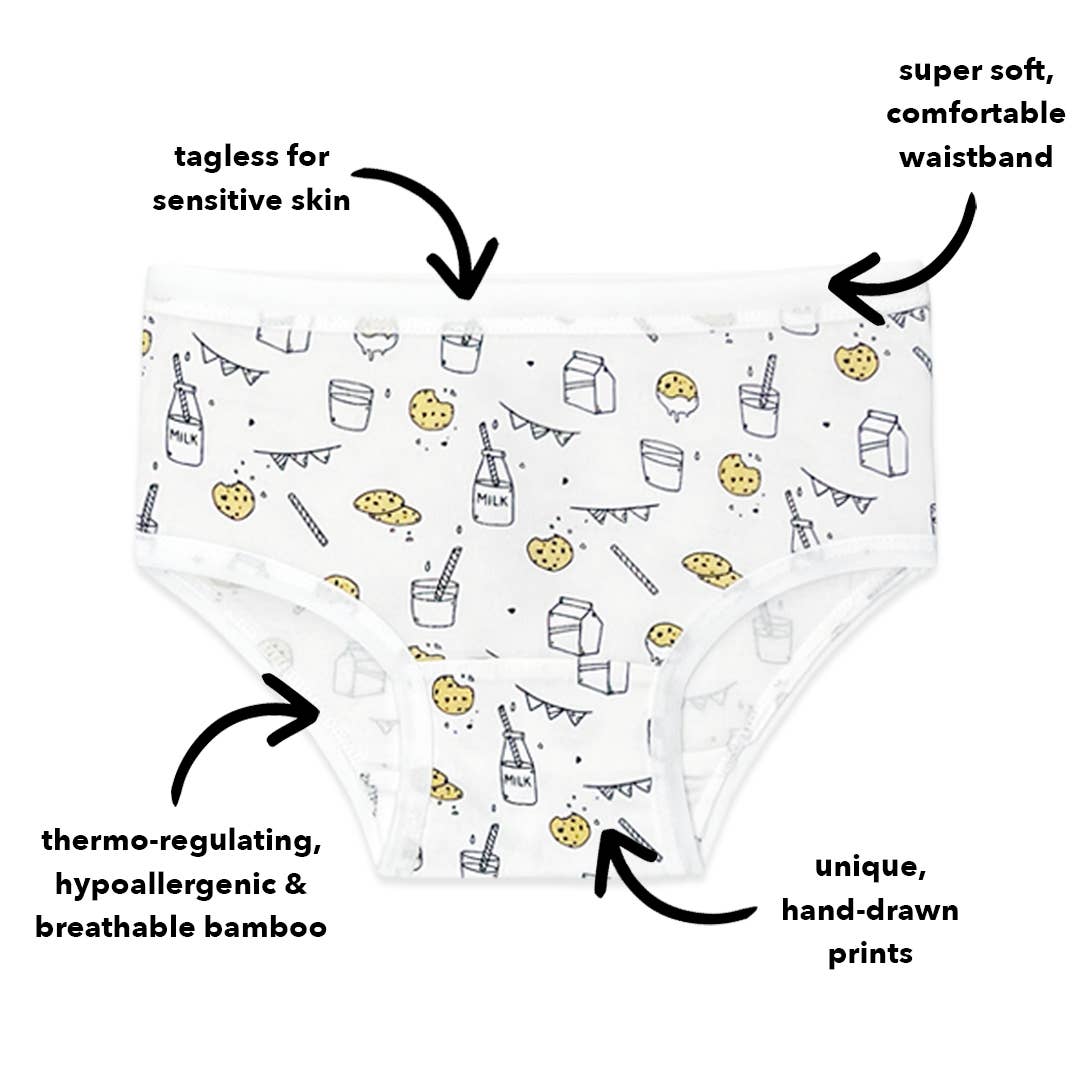 Bamboo underwear with cartoon prints and text highlighting features on a white background